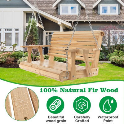 Costway 2-Person Porch Hanging Swing Chair Wooden Garden Swing Bench W/ Cup Holders - 5