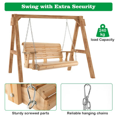 Costway 2-Person Porch Hanging Swing Chair Wooden Garden Swing Bench W/ Cup Holders - 6