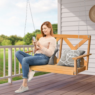 Costway 2 Person Porch Swing Chair Wooden Garden Swing Bench w Adjustable Chains