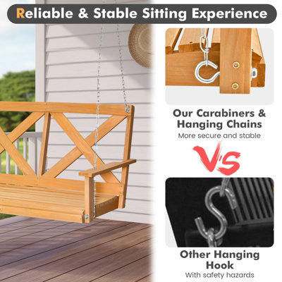 Costway 2-Person Porch Swing Chair Wooden Garden Swing Bench w/ Adjustable Chains