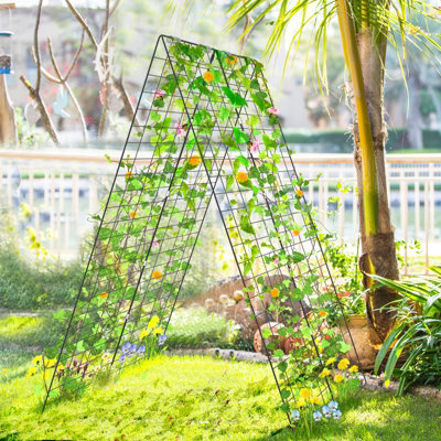 Set Of 2 Green Metal Garden Trellis For Climbing Plants - 55" H X 10.5" W, Leaf Design, Outdoor Decoration