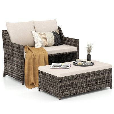 COSTWAY 2-Piece Outdoor PE Rattan Conversation Set Patio Loveseat w/ Built-in Storage Bin