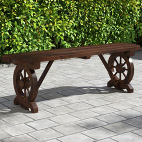 Costway 2-Seat Garden Curved Bench Carbonized Wood Dining Bench w/ Wagon Wheel Base