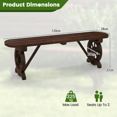 Costway 2-Seat Garden Curved Bench Carbonized Wood Dining Bench w/ Wagon Wheel Base