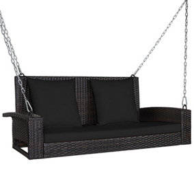Costway 2-Seat Patio Rattan Porch Swing Loveseat Outdoor Hanging Swing Bench W/ Cushions