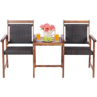Costway 2-Seater Rattan Chair & Table Set w/ Umbrella Hole