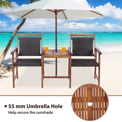 Costway 2-Seater Rattan Chair & Table Set w/ Umbrella Hole - 4