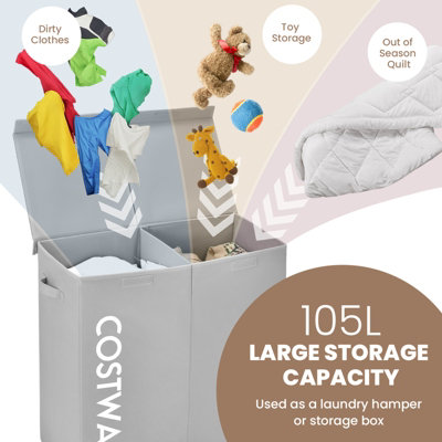 Costway 2-Section Large Laundry Basket 105L Laundry Hamper Bin Clothes Organiser Home - 7