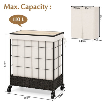 Costway 2 Section Laundry Hamper 110L Large Capacity Handwoven Rattan Laundry Basket