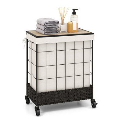 Costway 2 Section Laundry Hamper 130L Large Capacity Handwoven Rattan Laundry Basket