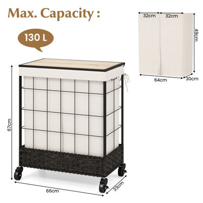 Costway 2 Section Laundry Hamper 130L Large Capacity Handwoven Rattan Laundry Basket - 3