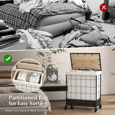 Costway 2 Section Laundry Hamper 130L Large Capacity Handwoven Rattan Laundry Basket - 6