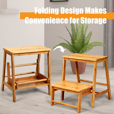 Costway 2-Step Folding Step Ladder Bamboo Step Stool Portable Ladder Display Rack