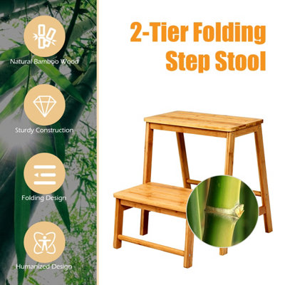 Costway 2-Step Folding Step Ladder Bamboo Step Stool Portable Ladder Display Rack