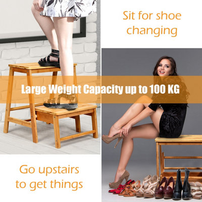 Costway 2-Step Folding Step Ladder Bamboo Step Stool Portable Ladder Display Rack