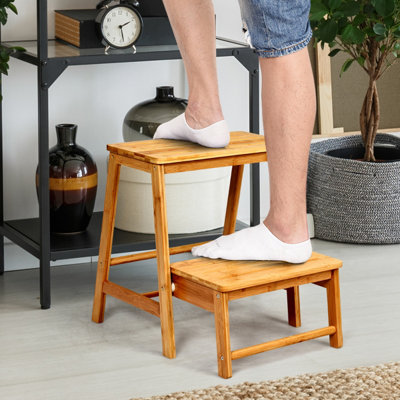 Costway 2-Step Folding Step Ladder Bamboo Step Stool Portable Ladder Display Rack