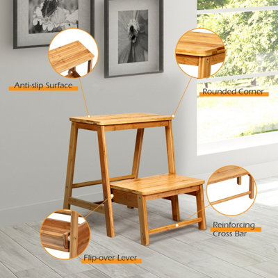 Costway 2-Step Folding Step Ladder Bamboo Step Stool Portable Ladder Display Rack