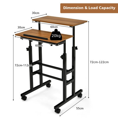 Costway 2 Tier Adjustable Standing Desk Mobile Sit Stand computer Desk on Wheels