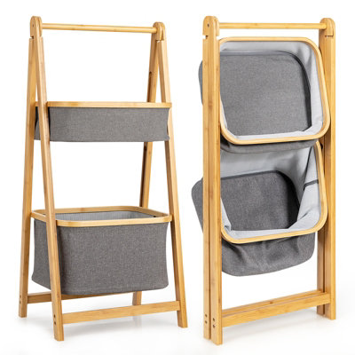 Costway 2-tier Bamboo Laundry Hamper Shelf Folding Storage Rack Toy ...
