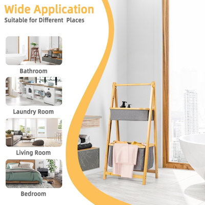 Costway 2-tier Bamboo Laundry Hamper Shelf Folding Storage Rack Toy ...
