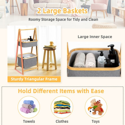 Costway 2-tier Bamboo Laundry Hamper Shelf Folding Storage Rack Toy ...