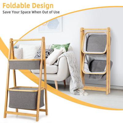 Costway 2-tier Bamboo Laundry Hamper Shelf Folding Storage Rack Toy Organizer - 8