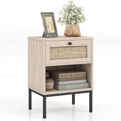 Costway 2-Tier Bedside Table Compact Nightstand Boho Style End Table Wood Top Side Table