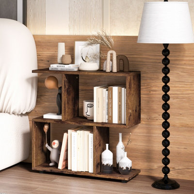 Costway 2-tier Bookcase Irregular Storage Shelf Wood Shelving Units w/ 4 Cubes Brown - 4