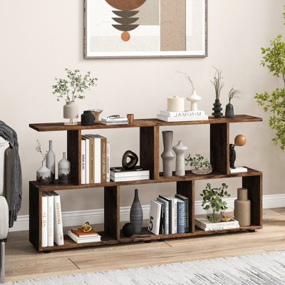 Costway 2-tier Bookcase Irregular Storage Shelf Wood Shelving Units w/ 4 Cubes Brown - 5