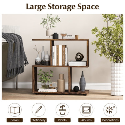 Costway 2-tier Bookcase Irregular Storage Shelf Wood Shelving Units w/ 4 Cubes Brown - 6