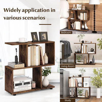 Costway 2-tier Bookcase Irregular Storage Shelf Wood Shelving Units w/ 4 Cubes Brown - 7