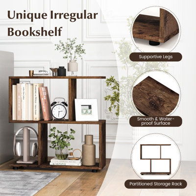 Costway 2-tier Bookcase Irregular Storage Shelf Wood Shelving Units w/ 4 Cubes Brown - 8