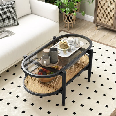 Costway 2-Tier Coffee Table Rattan Center Cocktail Tea Table Tempered Glass Tabletop Black