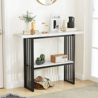 Costway 2-tier Console Table White Faux Marble Sofa Table Modern Entryway Hallway Narrow Table