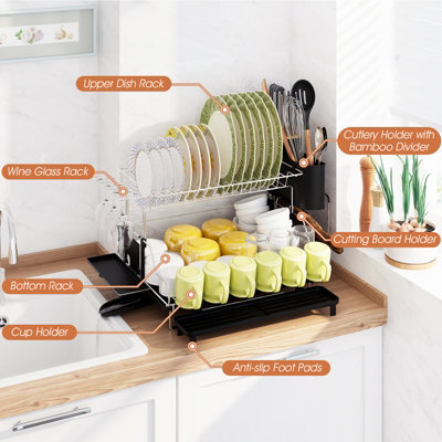 Costway 2-Tier Dish Drying Rack Detachable Kitchen Dish Drainer Rack w ...