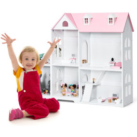 Costway 2-Tier Dollhouse Bookcase 2-in-1 Children Playroom Wooden Bookshelf