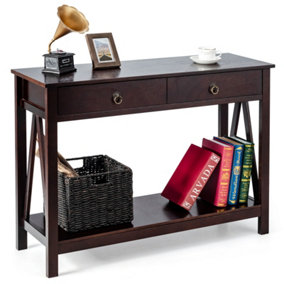 Costway 2-Tier Hallway Console Table Wooden Long Sofa Side Table w/ 2 Drawers & Shelves