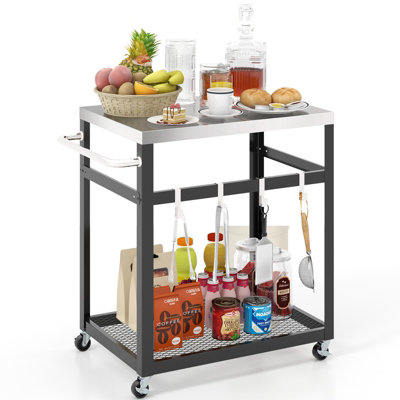 Costway 2-tier Outdoor Grill Cart Pizza Oven Stand Trolley Food Prepare Table w/ Stainless Steel Top