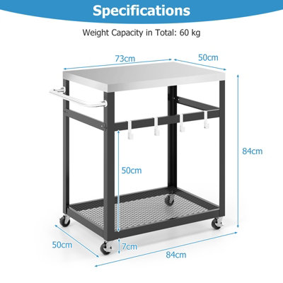 Costway 2-tier Outdoor Grill Cart Pizza Oven Stand Trolley Food Prepare Table w/ Stainless Steel Top