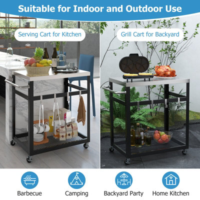 Costway 2-tier Outdoor Grill Cart Pizza Oven Stand Trolley Food Prepare Table w/ Stainless Steel Top - 3