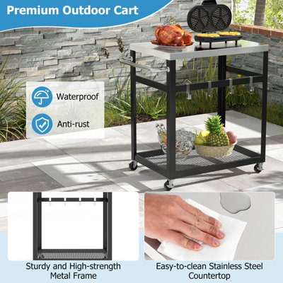 Costway 2-tier Outdoor Grill Cart Pizza Oven Stand Trolley Food Prepare Table w/ Stainless Steel Top - 4