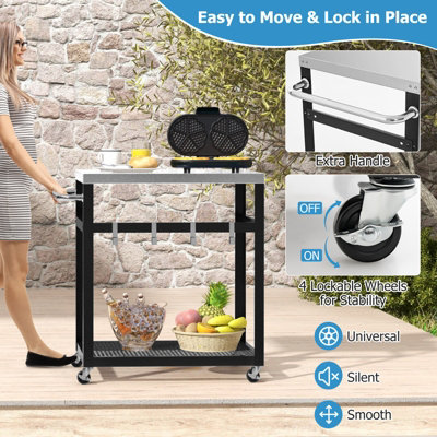 Costway 2-tier Outdoor Grill Cart Pizza Oven Stand Trolley Food Prepare Table w/ Stainless Steel Top - 6