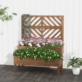 Costway 2-Tier Raised Garden Bed with Trellis Wooden Elevated Planter Box Container w/ Drainage Hole