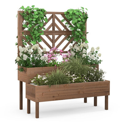 Costway 2-Tier Raised Garden Bed with Trellis Wooden Elevated Planter Box Container w/ Drainage Hole