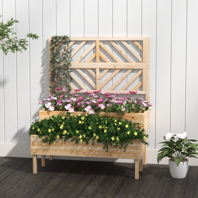 Costway 2-Tier Raised Garden Bed with Trellis Wooden Elevated Planter Box Container w/ Drainage Hole
