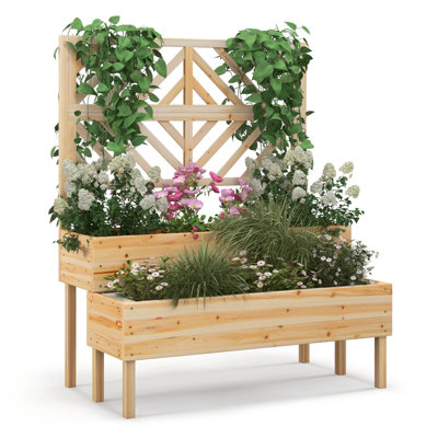Costway 2-Tier Raised Garden Bed with Trellis Wooden Elevated Planter Box Container w/ Drainage Hole