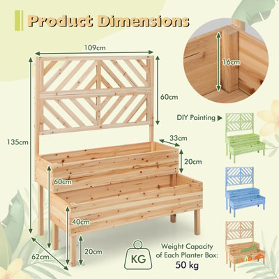 Costway 2-Tier Raised Garden Bed with Trellis Wooden Elevated Planter Box Container w/ Drainage Hole - 3