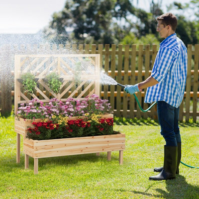 Costway 2-Tier Raised Garden Bed with Trellis Wooden Elevated Planter Box Container w/ Drainage Hole - 4