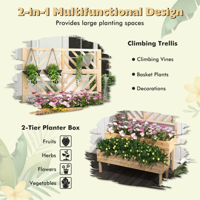 Costway 2-Tier Raised Garden Bed with Trellis Wooden Elevated Planter Box Container w/ Drainage Hole - 6