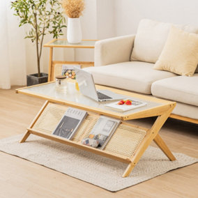Costway 2-Tier Rectangular Coffee Table Modern Center Bamboo Table with Glass Tabletop